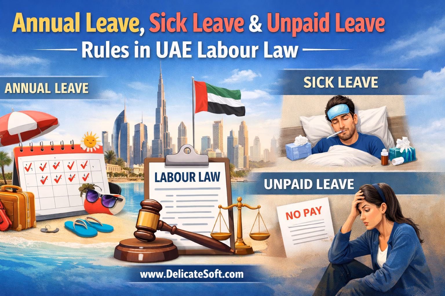UAE annual leave rules, sick leave UAE labour law, unpaid leave UAE, UAE leave entitlement